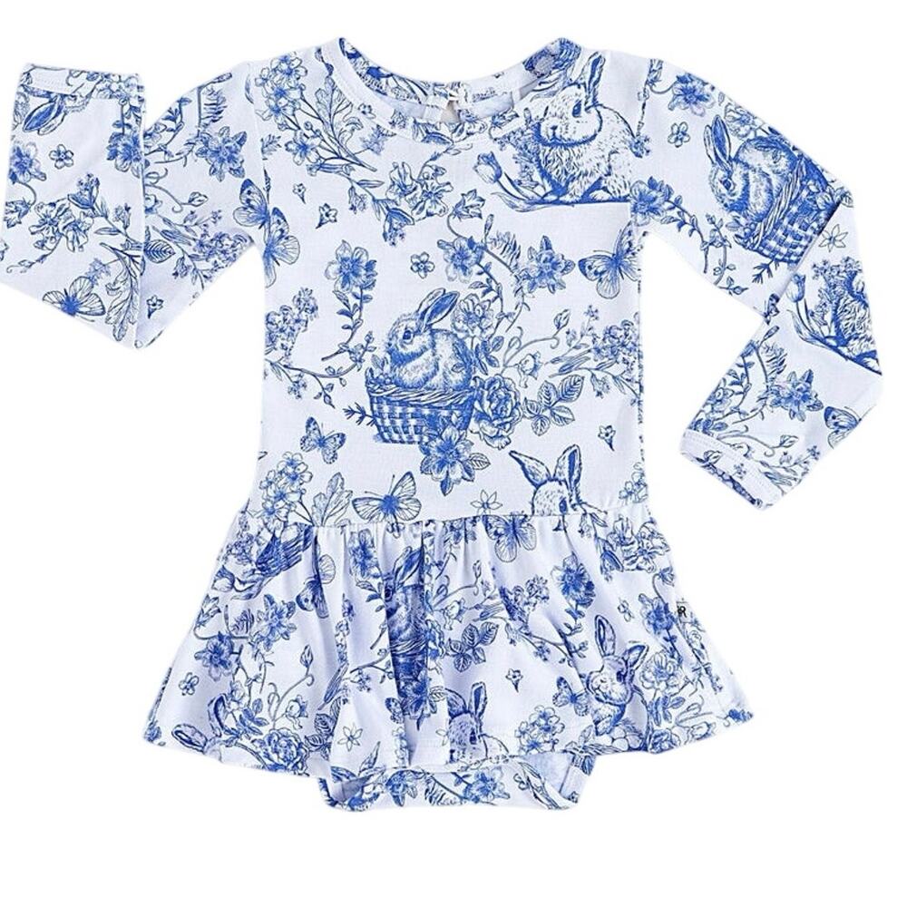 Bums & Roses Bunny Bamboo Ruffle Dress 3T Hoppy You’re Here Blue Toile - Picture 2 of 8